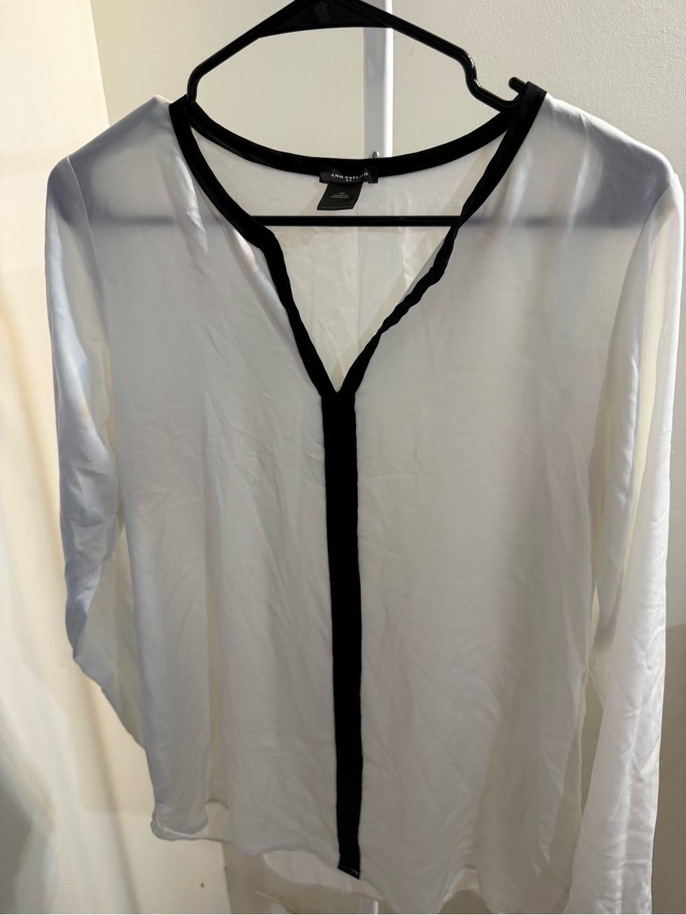 Ann Taylor White Sheer Blouse with Black Trim Detail